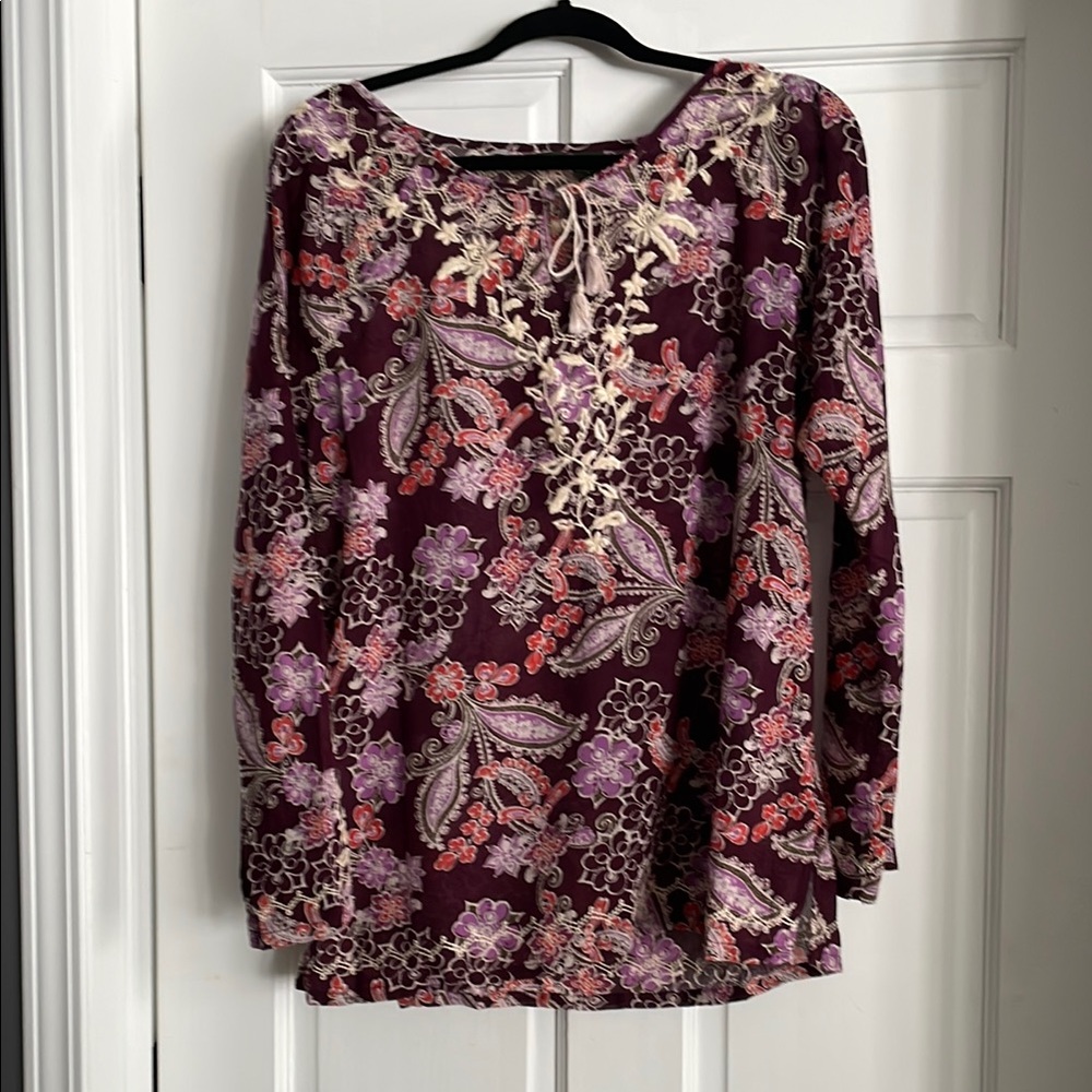 Eddie Bauer Long Sleeve Floral Tunic with Tied/Adjustable Rounded Neckline
